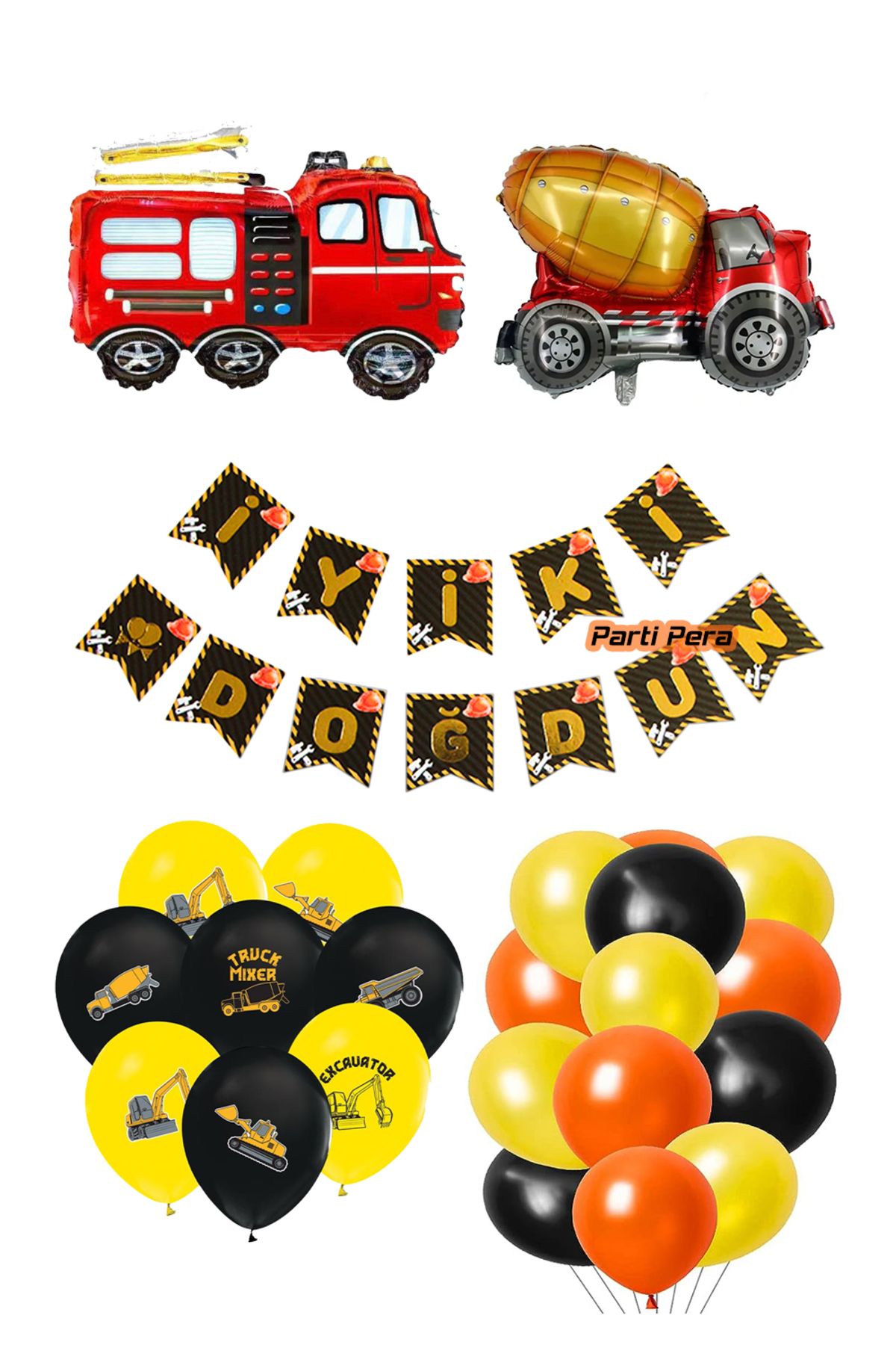 parti pera Itfaiye Folyo Balon Mixer Folyo Balon Inşaat Iyiki Doğdun Yazı Baskılı Balon Doğum Günü Balon Seti