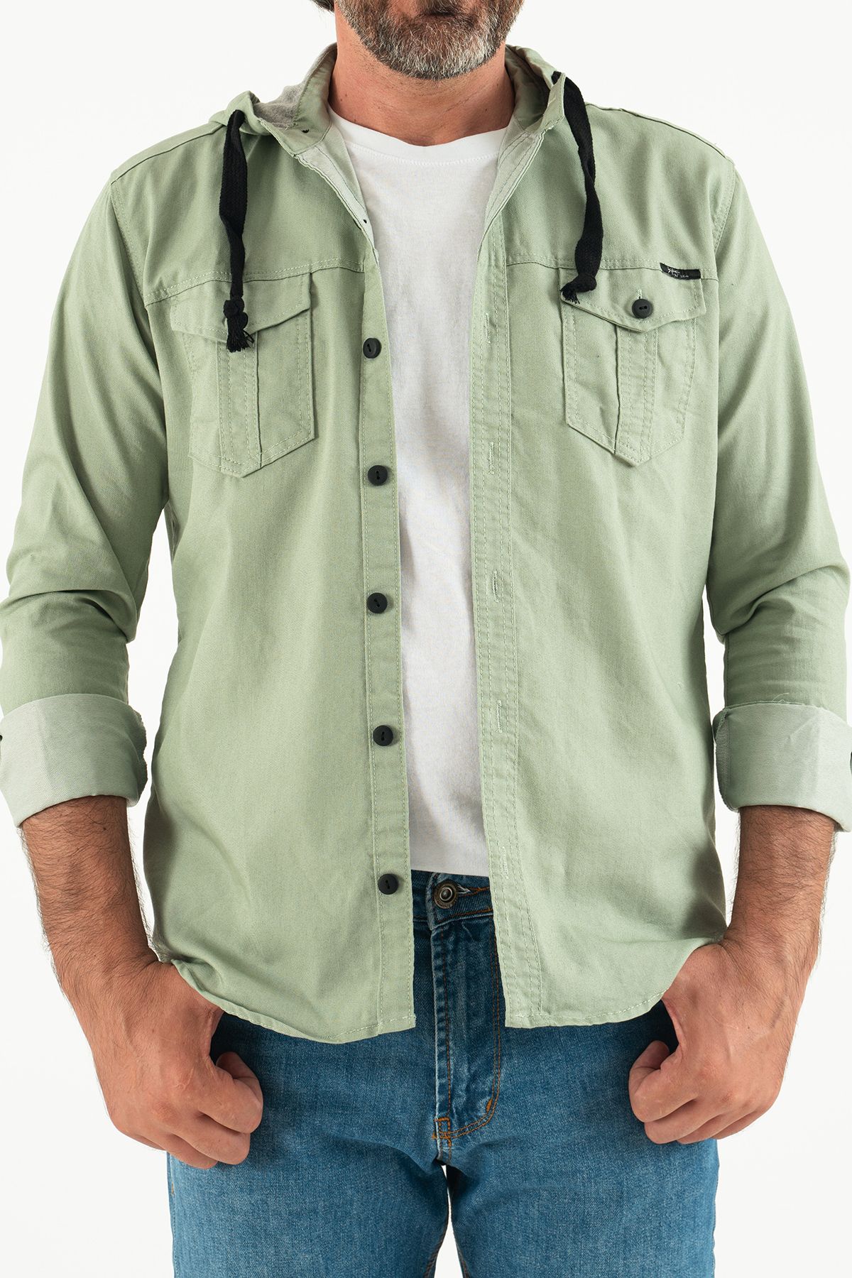YXC Trend Maker Erkek Su Yeşili Slim Fit Dar Kalıp Kapüşonlu Kot Gömlek