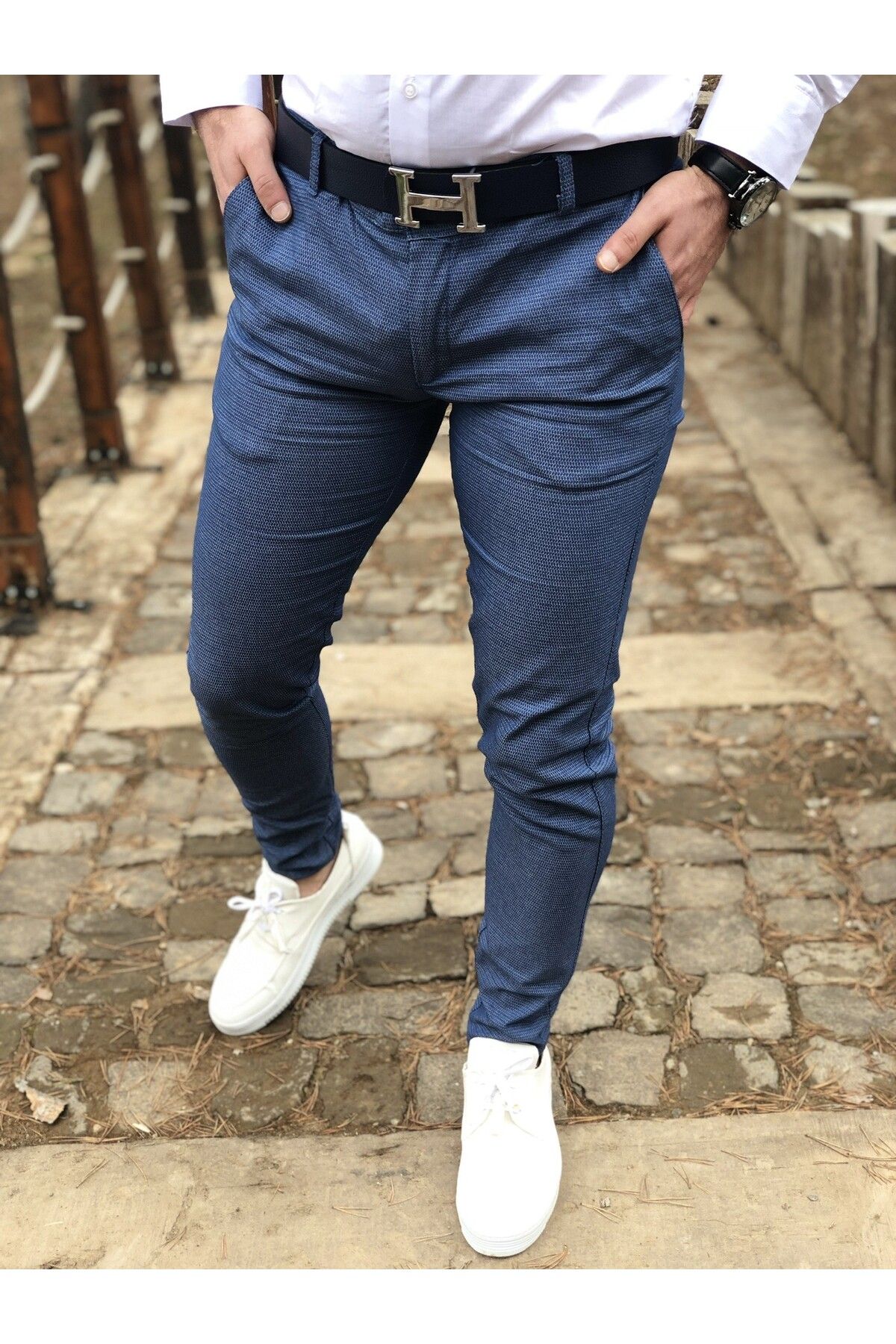 ukdwear Erkek Mavi İtalyan Kesim Petek Desen Keten Pantolon