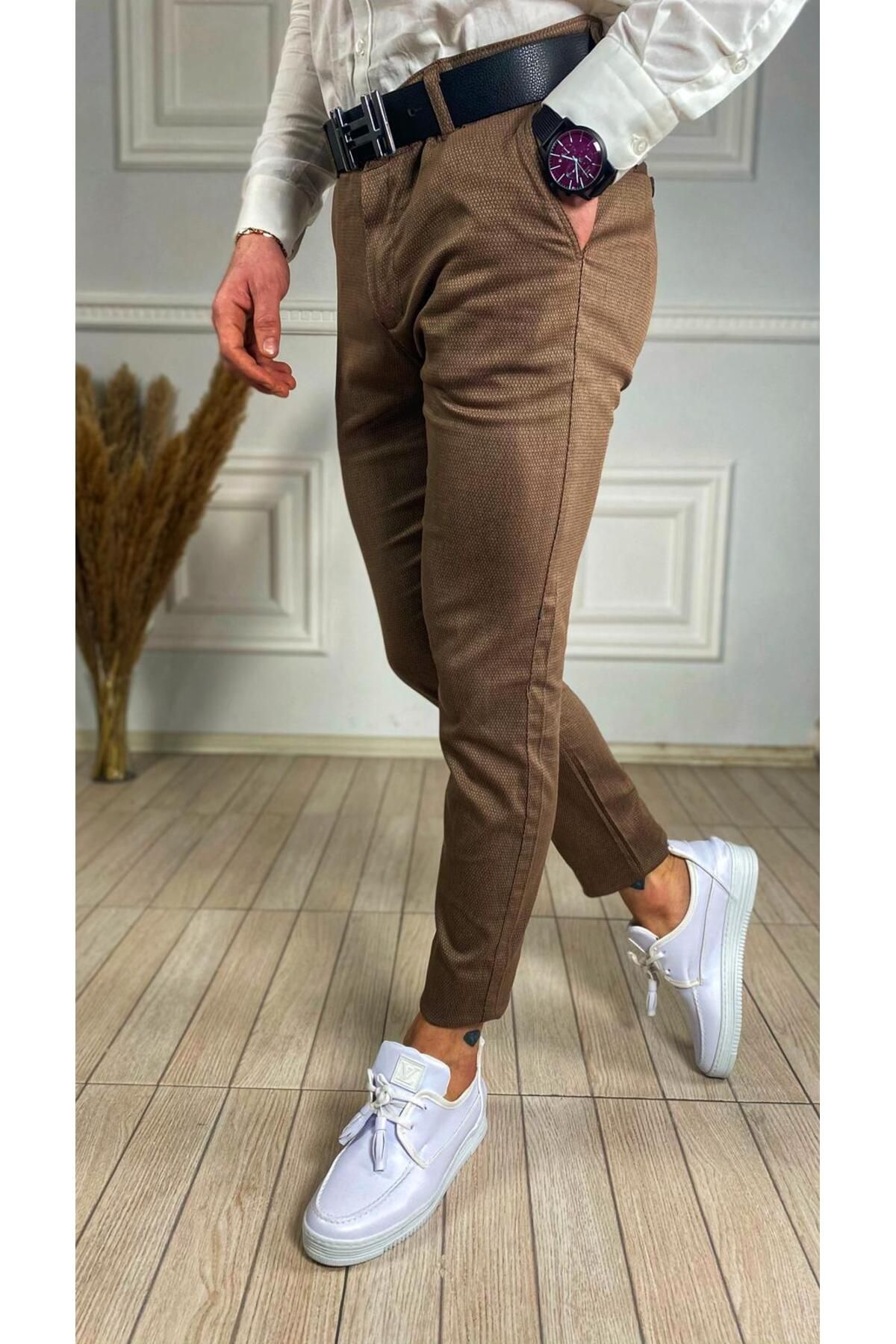 ukdwear Erkek Kahverengi İtalyan Kesim Petek Desen Keten Pantolon