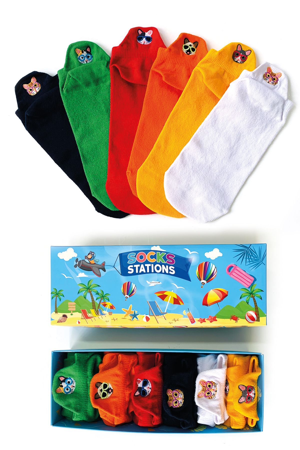 Socks Stations Ünisex Kedi Nakışlı Bilek Renkli Çorap Kutusu 6'lı