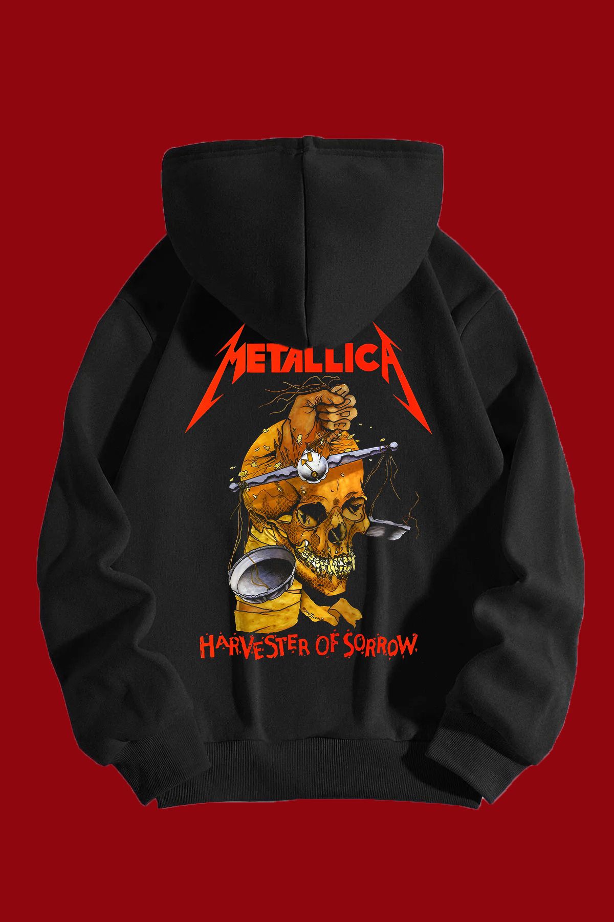 ARC Shoping Metallica Baskılı Sweatshirt - Siyah Oversize Kapüşonlu 3 iplik Şardonlu