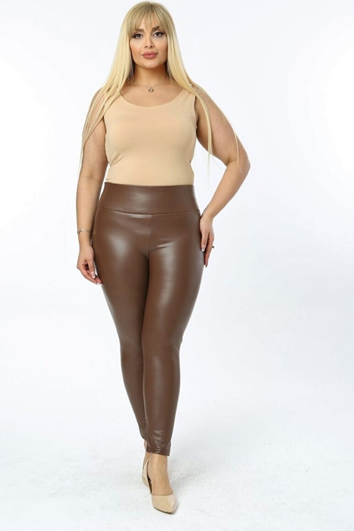 Siyah Kadın Siyah Büyük Beden Şardonlu Yüksek Bel Tam Kalıp Likralı Tayt Pantolon 100 Cm