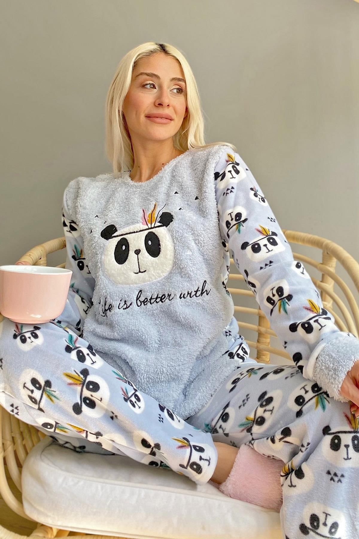 Pijamaevi Mavi Life Panda Desenli Kadın Peluş Pijama Takımı