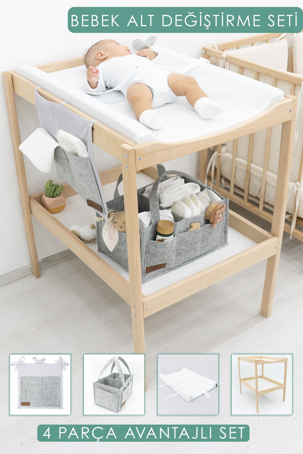 mordesign Bebek 4 Parça Set Bebek Alt Değiştirme Masası Ve Pedi, Bağlamalı Ve Sepet Keçe Organizer