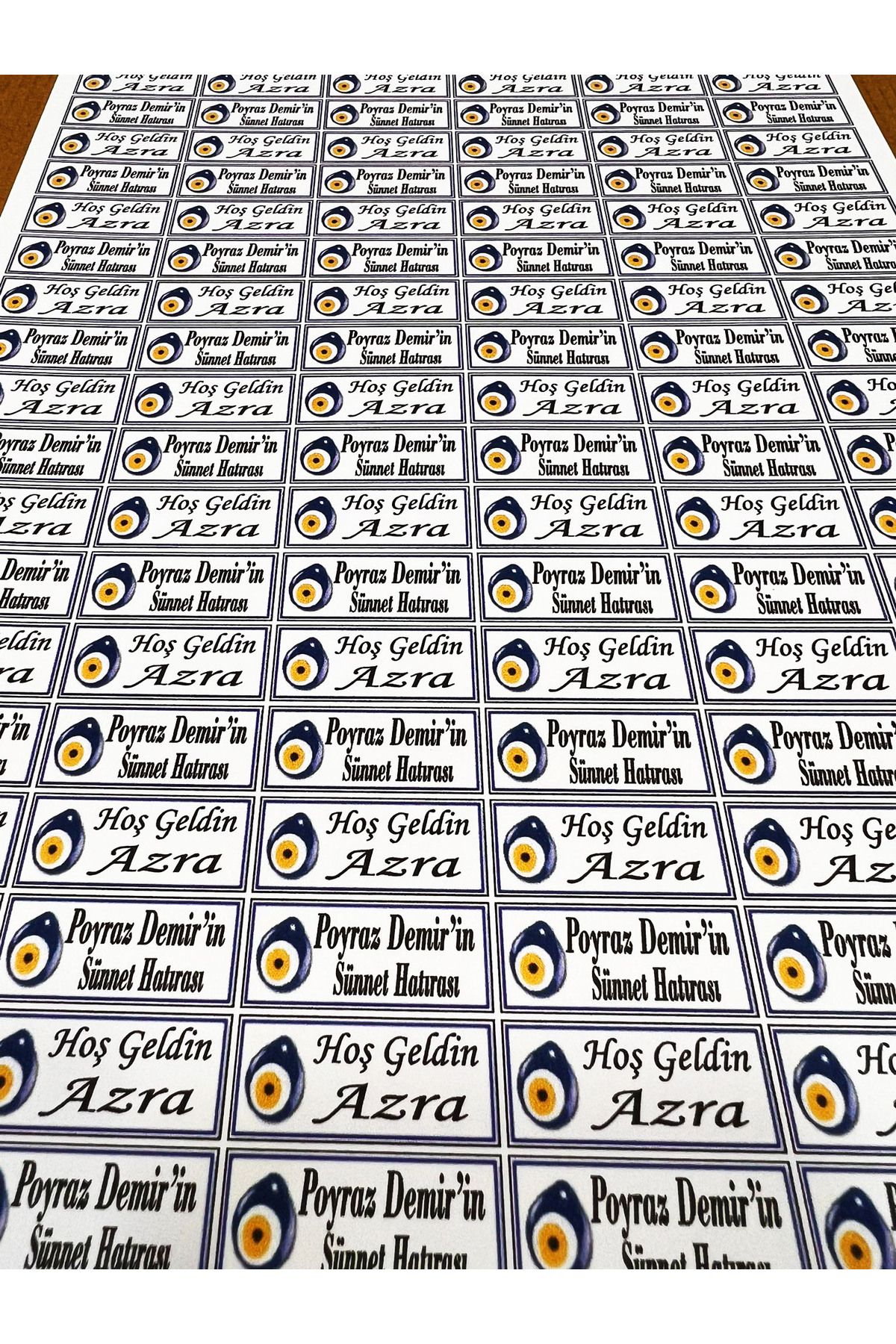 Nikah Şekeri Market Beyaz Yapışkanlı Kağıt İsim Etiketi Nazar Boncuklu 100 Adet Sünnet ve Bebek Etiketi 3,3 x 1,4 Cm