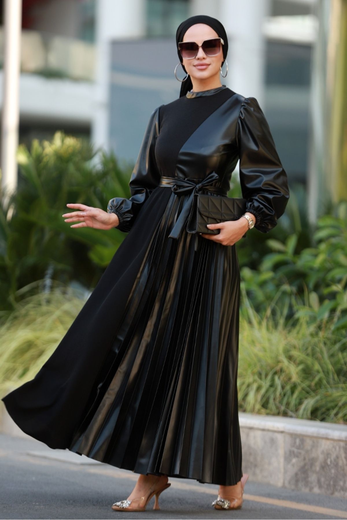 Bestenur Liyan Kemerli Deri Elbise 590 - Siyah
