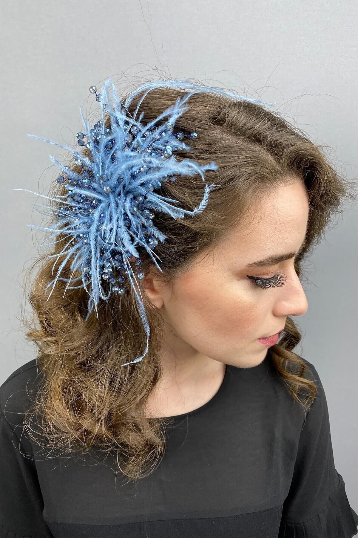Hobigram Saç Aksesuarı Mavi Kristal Boncuklu Ve Tüylü Saç Aksesuarı