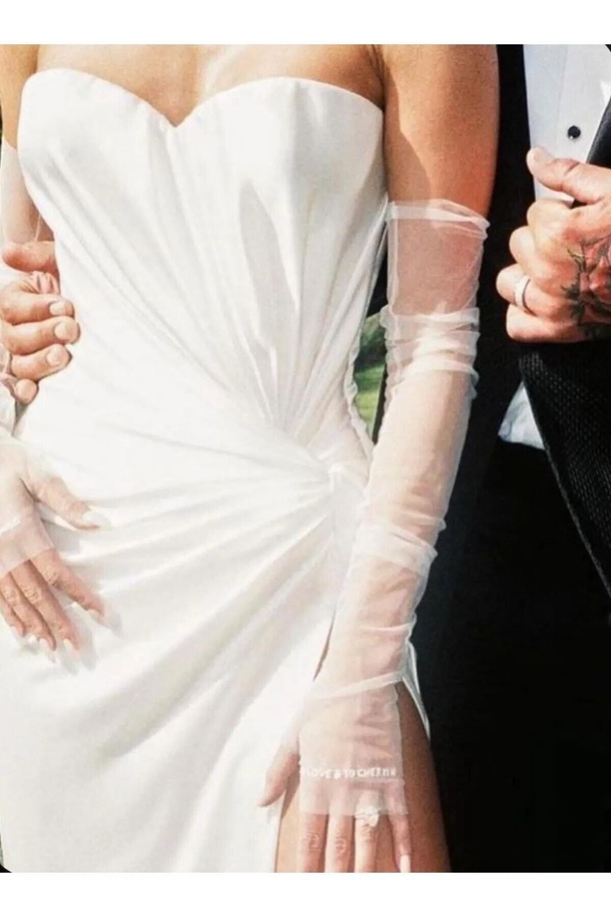 Hobigram Düğün Nikah Ürünü Beyaz Gelin Eldiveni Uzun Eldiven Şeffaf Eldiven Tül Eldiven