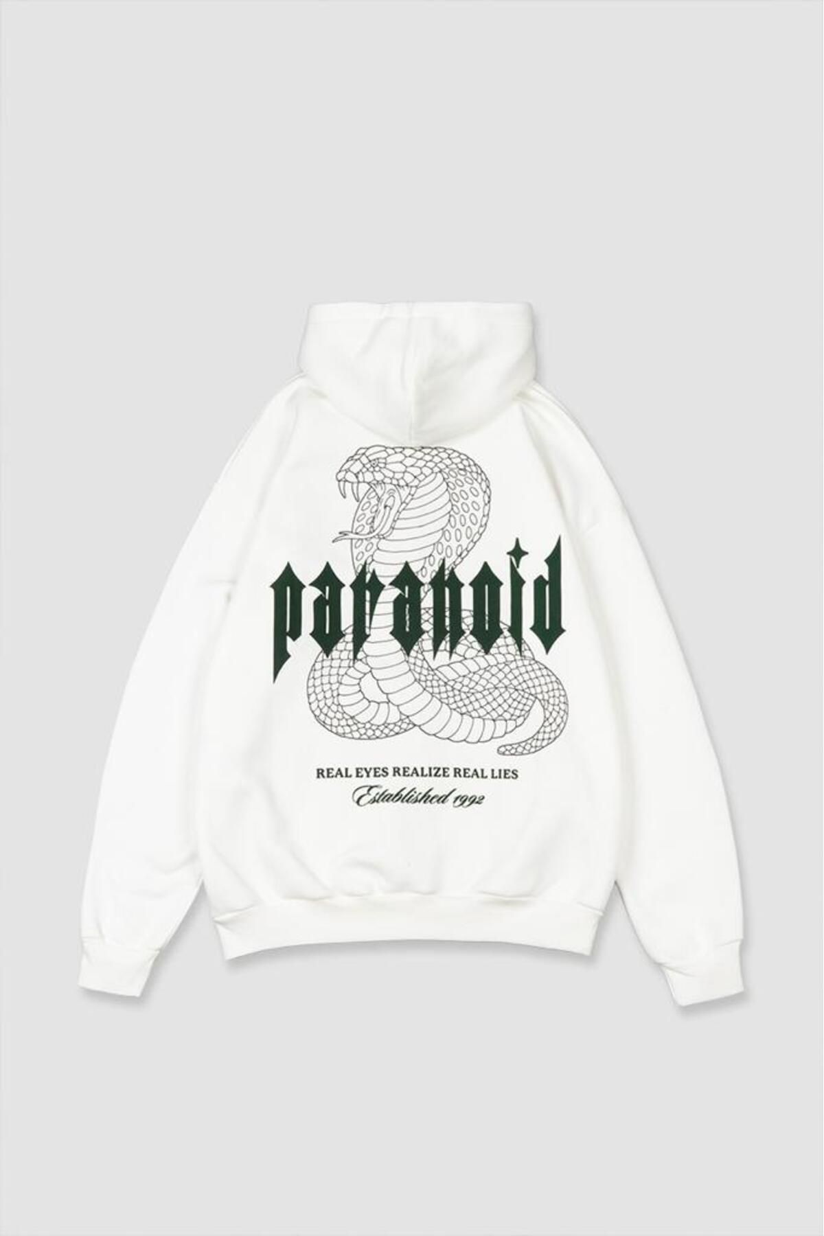 NOVVO Unisex Paranoid Baskılı Beyaz Oversize Kapüşonlu Sweatshirt