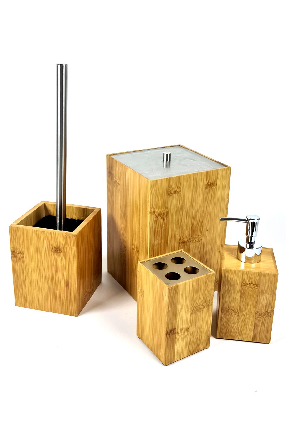 Binbirreyon Doğal Bambu Banyo Aksesuar Seti 4 Parça Çöp Kovası Fırça Diş Fırçalık Sabunluk Set LB141
