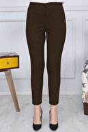 Gül Moda Kahverengi Kemerli Dar Paça Kumaş Pantolon Likralı Cepsiz G011