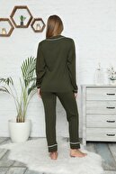 İzolli Kadın Haki Düğmeli Uzun Kol Pamuklu Likralı Pijama Takım