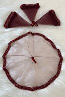 دستمال عروس بورگوندی، دستمال عروسی هالی، دستمال حنا چاپ شده با مهره شیشه ای و پولک-thumb