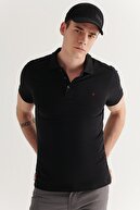 Erkek Siyah Polo Yaka Slim Fit %100 Pamuk  Düz T-Shirt E001004
