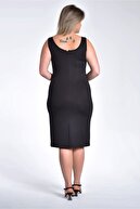 Moda Cazibe Kadın Siyah Büyük Beden Kare Yaka Askılı Yırtmaçlı Elbise