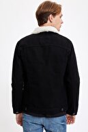 Defacto Erkek Siyah Yakası Peluş Kürklü İçi Yumuşak Tüylü Mevsimlik İnce Jean Ceket M4848AZ20SP