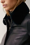 Massimo Dutti Kadın Çıkarılabilir Mouton Yün Yakalı Siyah Ceket 04703603