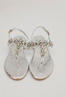 Oblavion Kadın Lavion Hakiki Deri Gümüş Günlük Taşlı Sandalet