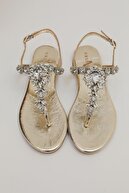 Oblavion Kadın Altın Hakiki Deri Günlük Taşlı Sandalet
