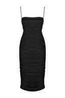 by eymen design Kadın Siyah Ince Askılı Midi Abiye Elbise