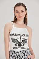 Y-London Kadın Beyaz Fitilli Rock N Roll Desenli Askılı Bluz YL-BL99298