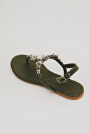 Oblavion Kadın Haki Yeşil Lavion Hakiki Deri Günlük Taşlı Sandalet
