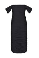 by eymen design Kadın Siyah Düşük Kol Degajeli Drapeli Midi Elbise