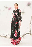 PHELDA Kruvaze Yaka Çiçek Desenli Maxi Elbise 631-siyah-kırmızı