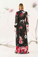 PHELDA Kruvaze Yaka Çiçek Desenli Maxi Elbise 631-siyah-kırmızı