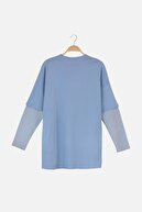 TRENDYOL MODEST Mavi Renk Bloklu İçten T-shirt Çıkmalı Örme Tesettür Tunik TCTSS21TN0348