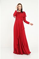 THREE'S Tesettür Abiye Elbise Boncuk Işlemeli Anvelop Detaylı 565-kırmızı