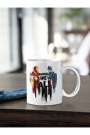 Kio Tasarım Iron Man ve Kaptan Amerika Marvel Baskılı Kupa Beyaz Porselen Kahve Çay Kupası Hediye