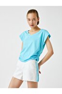 Koton Kadın Mavi V Yaka Pamuklu T-Shirt