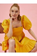 Koton Kadın Sarı Balon Kol Pamuklu Elbise