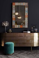 bluecape Etnik Çini Seramik Doğal Ağaç Çerçeveli Salon Ofis Mutfak Duvar Konsol Boy Aynası  60x100 Cm