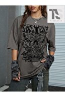 Tarzsokak Grunge Punk Mektup Kafatası Grafik Damla Omuz Tişört