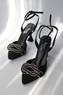 BirEylül Shoes Kadın Siyah Saten Düğüm Taş Detaylı Abiye Ayakkabı