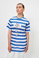 TRENDYOL MODEST Mavi Çizgili Baskılı Örme Tesettür T-Shirt TCTSS21TN0203