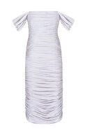 by eymen design Kadın Beyaz Düşük Kol Drapeli Midi Elbise