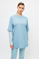 TRENDYOL MODEST Mavi Renk Bloklu İçten T-shirt Çıkmalı Örme Tesettür Tunik TCTSS21TN0348