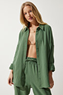 ست شلوار پیراهن موسلین زنانه خاکی اورسایز TO00128-thumb