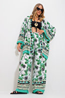 کت زنانه سبز-سفید کیمونو و ست شلوار Palazzo Alc-X11751-thumb