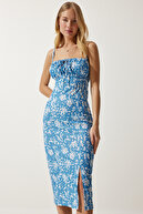 لباس تابستانی کشباف تابستانی گلدار سفید آبی روشن CI00029-thumb