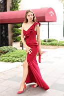 lovebox Esnek Krep Kumaş Tek Omuz Detaylı Bordo Uzun Abiye Elbise Maxi Prom Dress