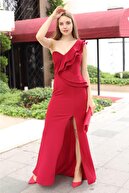 lovebox Esnek Krep Kumaş Tek Omuz Detaylı Bordo Uzun Abiye Elbise Maxi Prom Dress