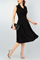 lovebox Esnek Kumaş Kruvaze Gömlek Yaka Kemer Detay Dizaltı Midi Siyah Abiye Elbise 012