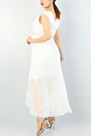 lovebox Volan Detaylı Kruvaze Yaka Beyaz Şifon Abiye Elbise Nikah Elbisesi 62458