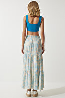 دامن ویسکوز طرح دار گلدار کرم آبی زنانه DD01310-thumb