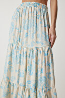 دامن ویسکوز طرح دار گلدار کرم آبی زنانه DD01310-thumb